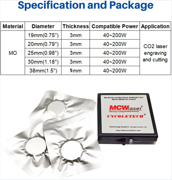 MCWlaser Mo miroir réfléchissant 3 pièces pour graveur Laser CO2 10600nm 10.6um