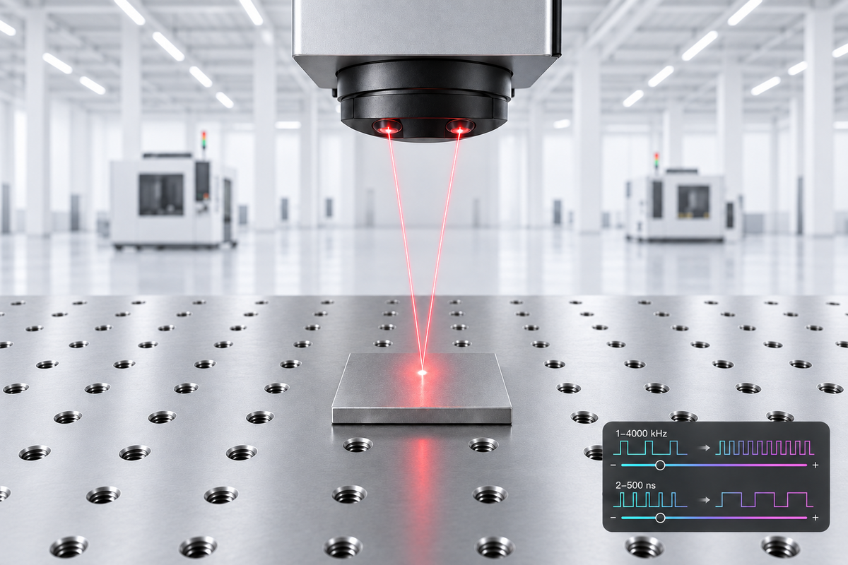 The working frequency of MOPA JPT M7 laser source can reach 1-4000kHz, the pulse width is 2-500ns,wide adjustable range, wider applicationIt adopts a high-speed photodiode for fast focusing and dual red light equipment, which can focus easily.
