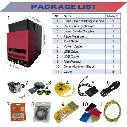MCWlaser 50W JPT Enclosed B Type Fiber Laser Engraver Marking Machine With 5.9” X 5.9" Working Area and D69 Rotary For Metal Deep Engraving