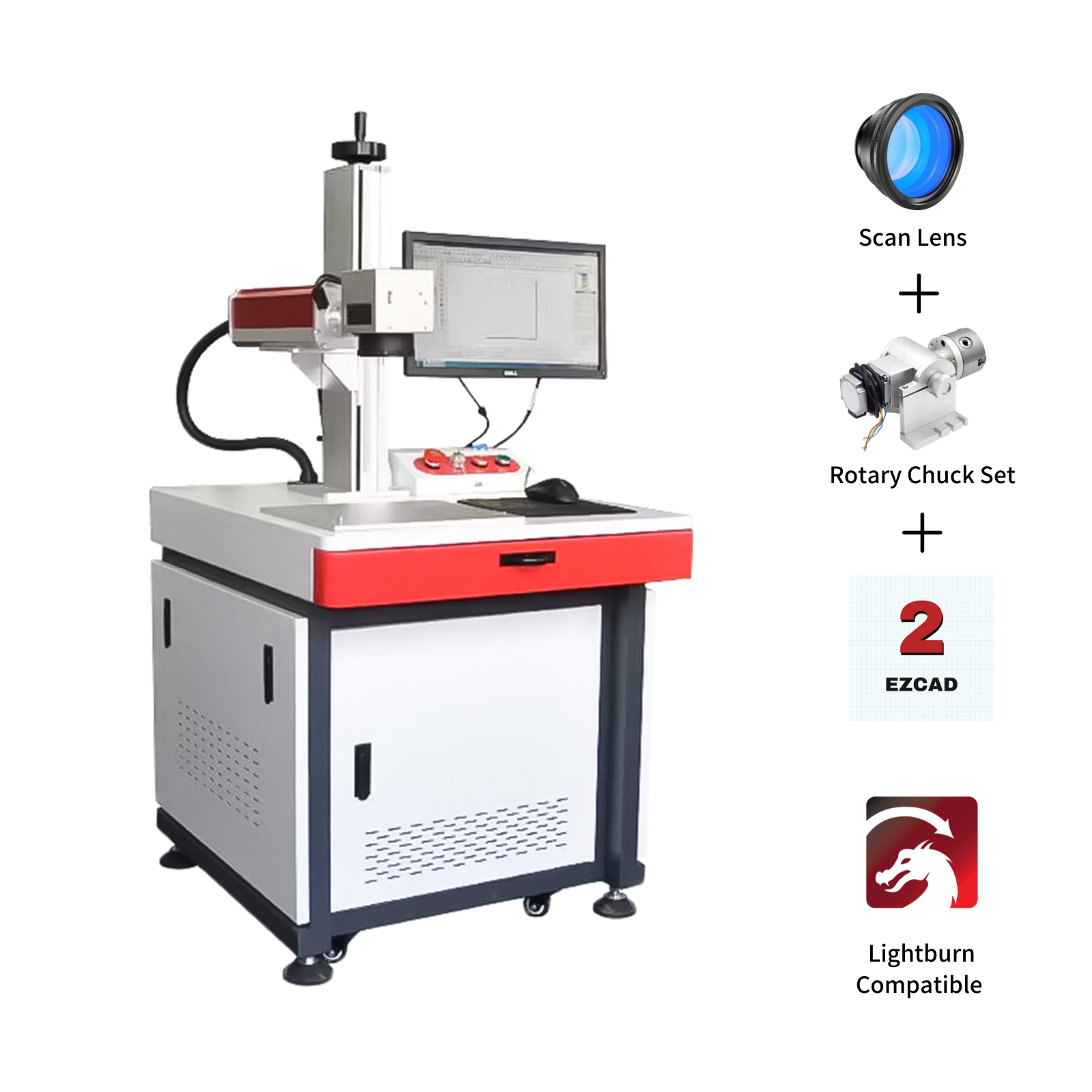 MCWlaser 20W 30W 50W Cabinet Desktop Type Raycus Fiber Laser Engraver Marking Machine With 8.7” X 8.7“ Working Area & D80 Rotary Axis