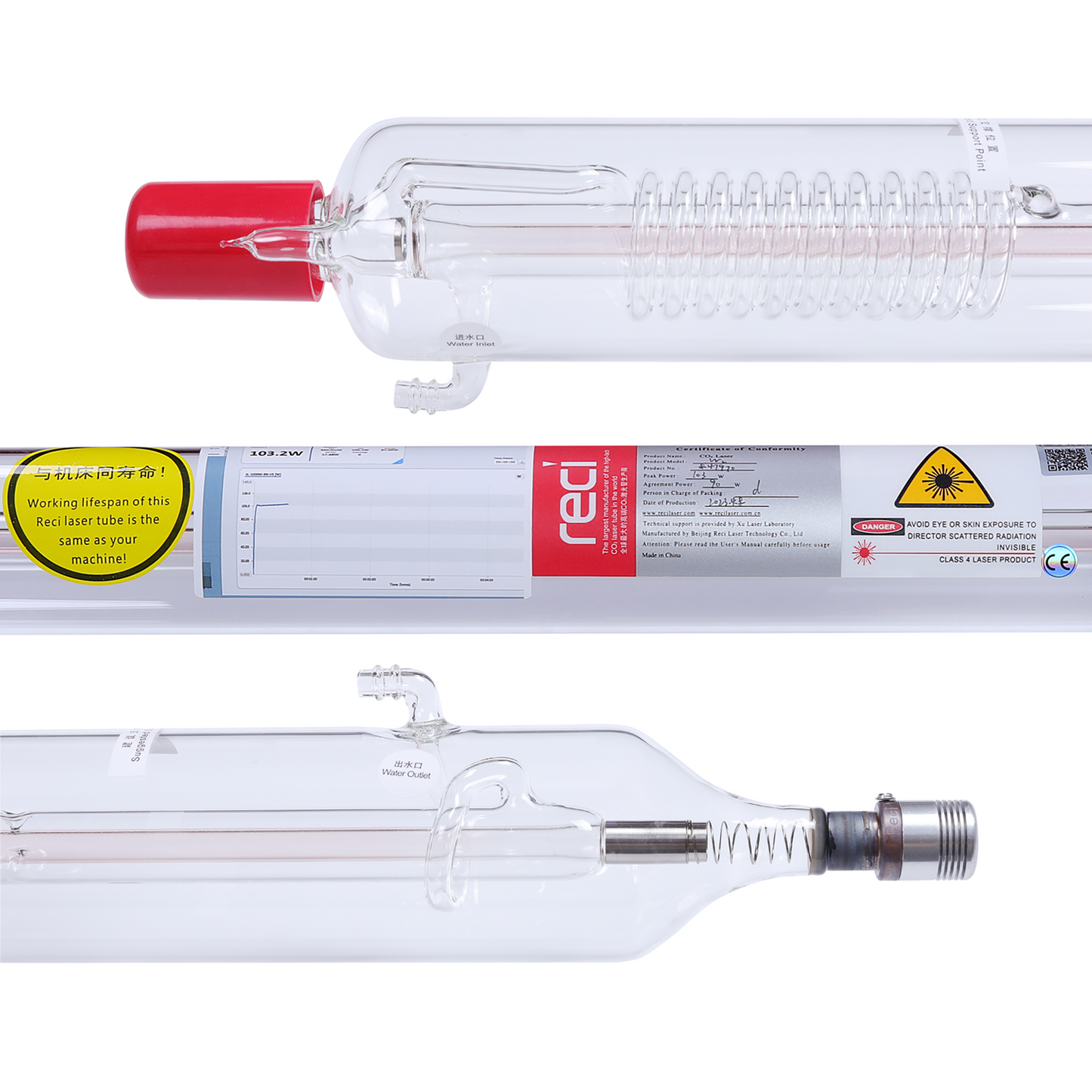 Tube Laser RECI CO2 W1/W2/W4/W6/W8 (75W 80W 90W 100W 130W 150W) pour Machine de gravure et de découpe Laser 