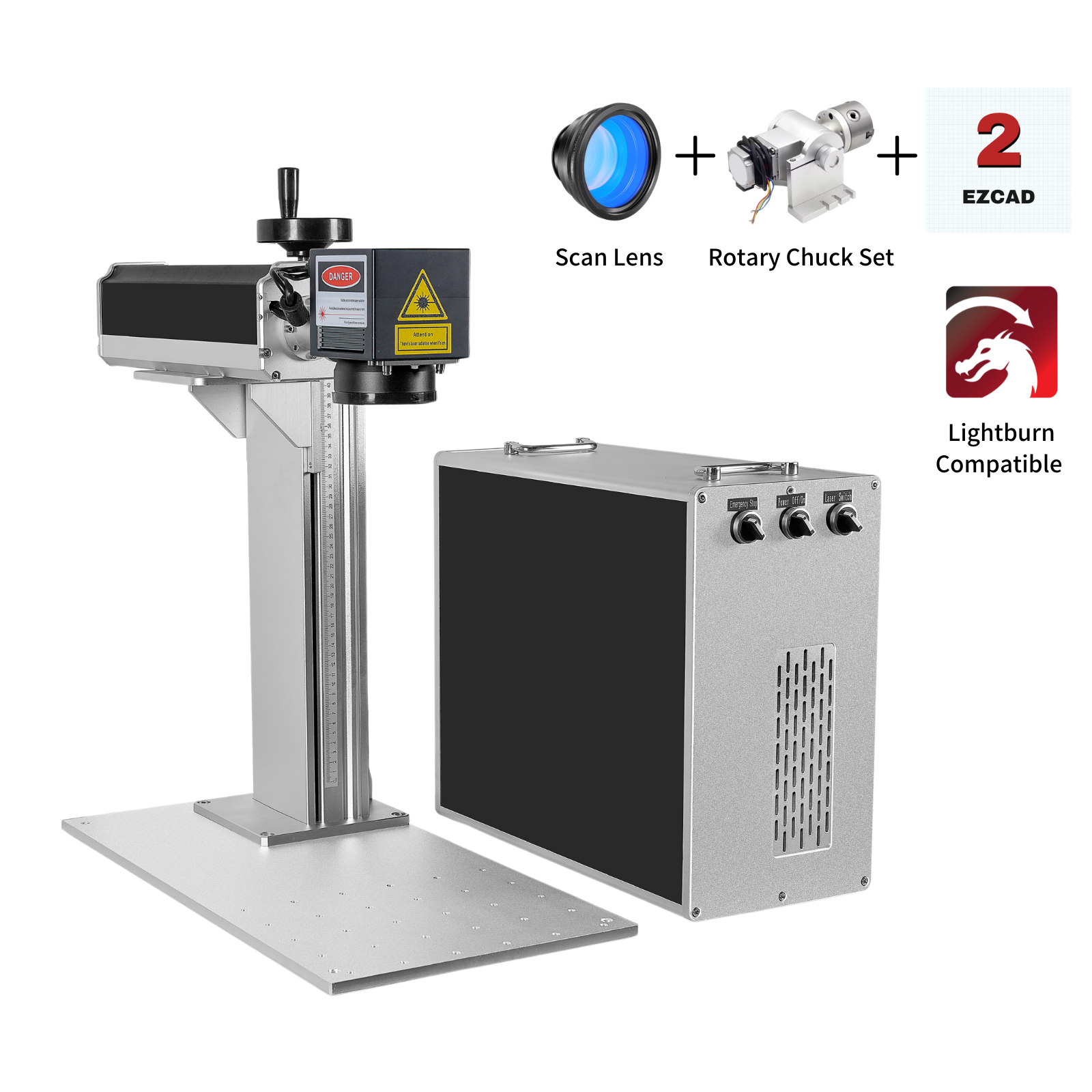 MCWlaser 50W JPT Split Type Fiber Laser Engraver Marking Machine With 8.7” X 8.7“  Working Area  and D80 Rotary For Metal Deep Engraving
