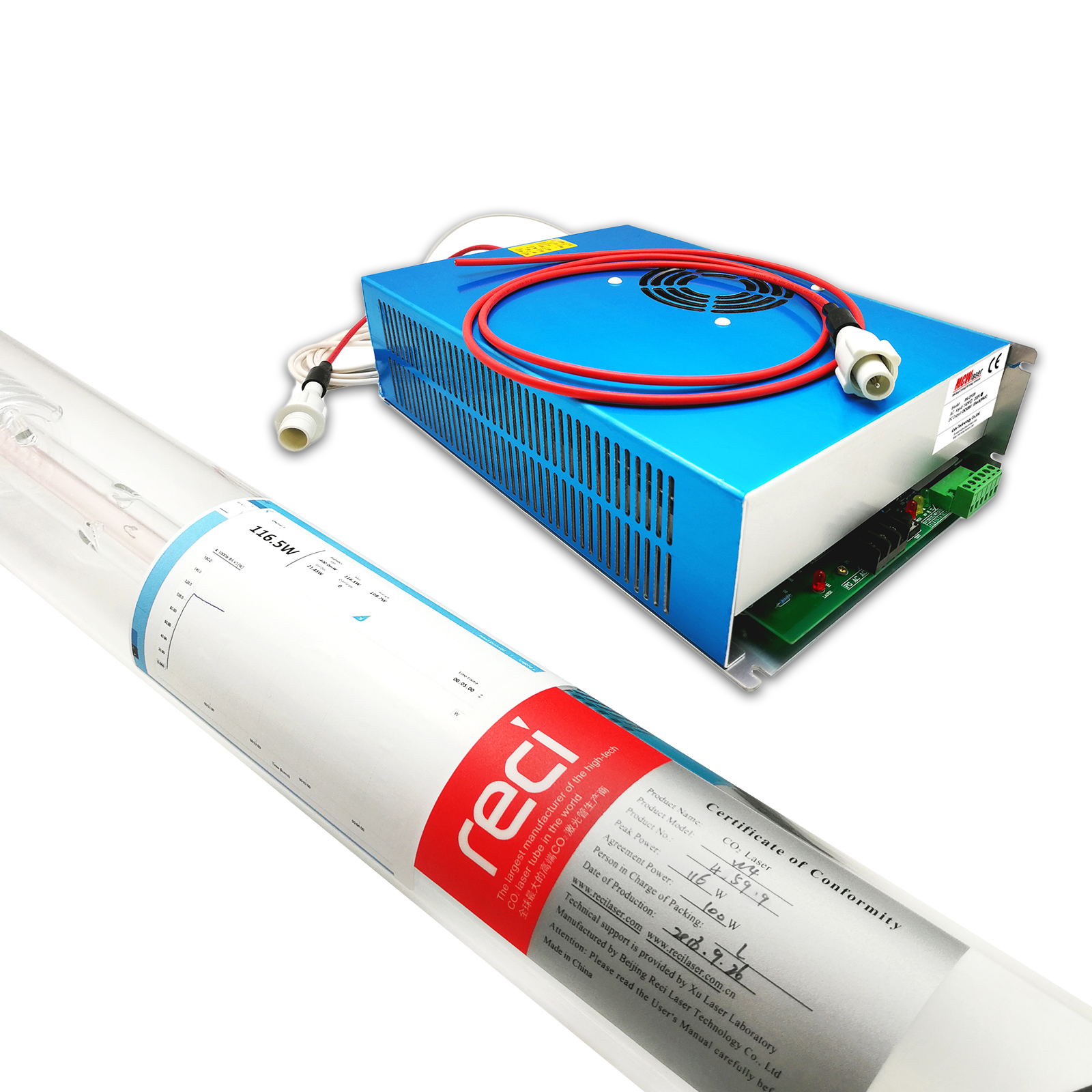 RECI CO2-Laserröhre W4 100 W (Spitze 130 W), 1400 mm Laserröhre + DY20 110 V/220 V Netzteil 