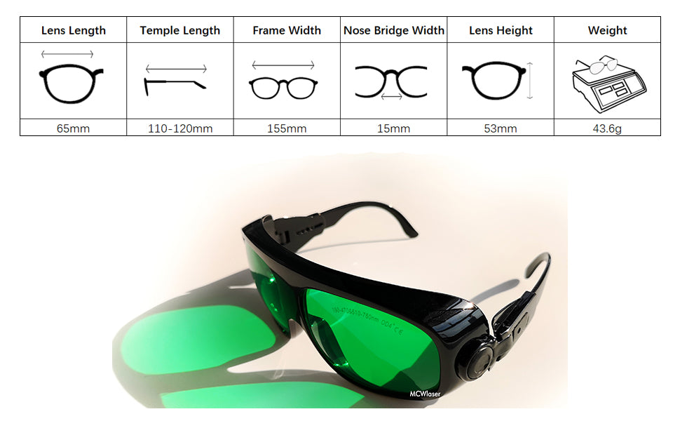 Lunettes De Protection Laser MCWlaser 190-540nm OD7+ EP-3 Style 9 - Sécurité UV Violet Bleu Vert 405nm 532nm